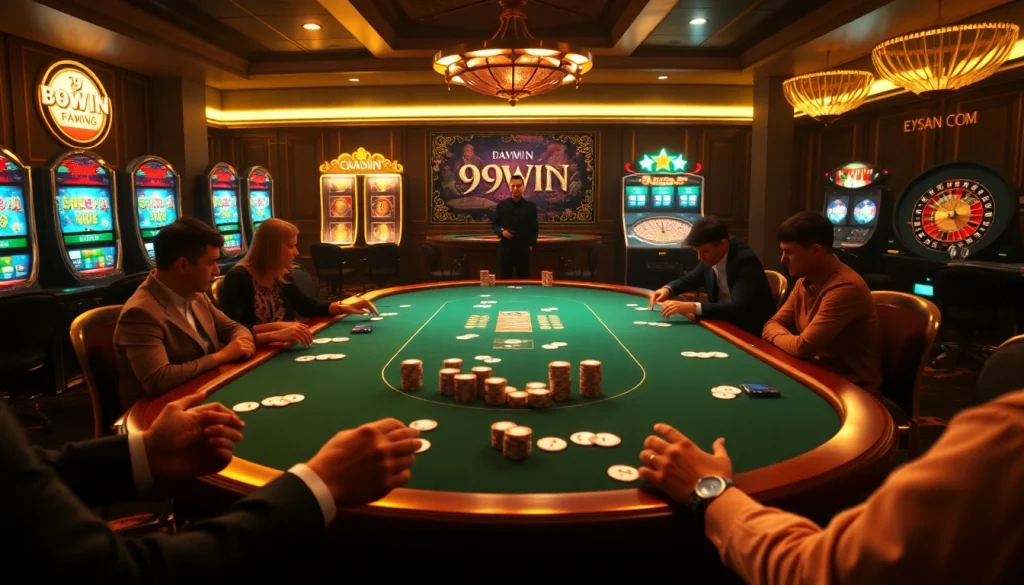 Players strategizing at a 99win poker table amidst a luxurious casino backdrop.