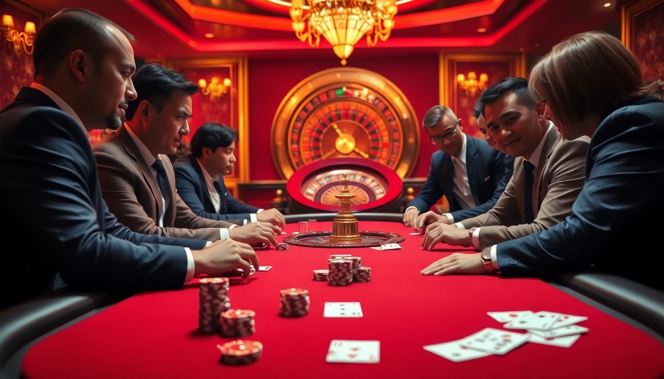 Players engaging in high-stakes poker at rr88it, showcasing excitement and luxury.