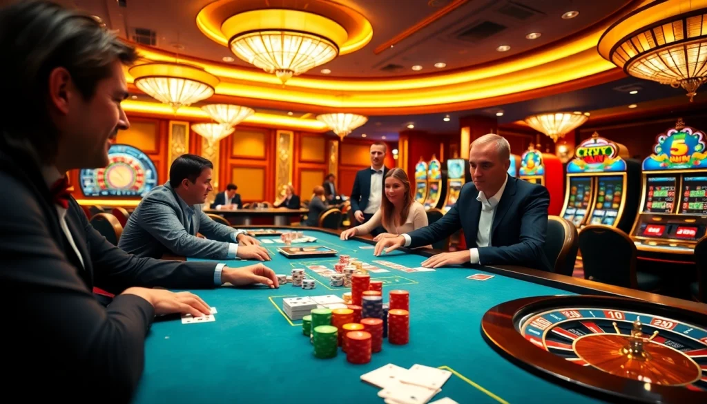 Action-packed sunwin gaming scene featuring vibrant casino tables and engaged players.