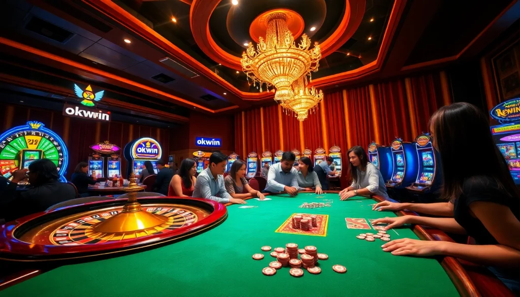 Experience the thrill of okwwin in a vibrant casino setting filled with roulette wheels and poker tables.