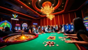 Experience the thrill of okwwin in a vibrant casino setting filled with roulette wheels and poker tables.