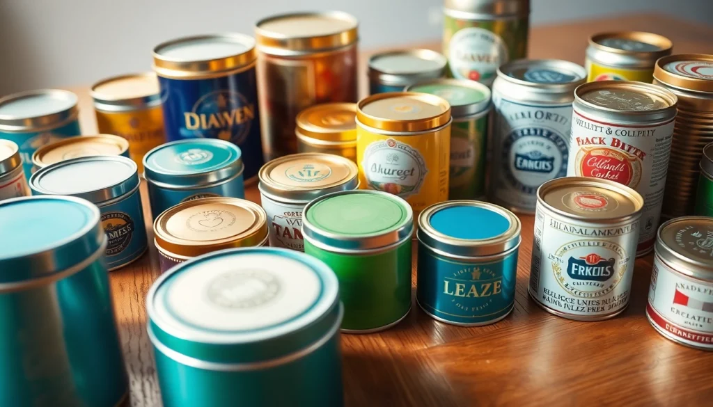 Custom tins showcasing diverse shapes and designs on a wooden tabletop, reflecting branding opportunities.