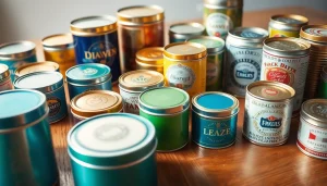 Custom tins showcasing diverse shapes and designs on a wooden tabletop, reflecting branding opportunities.