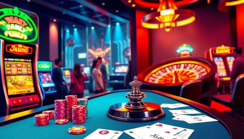 Experience the thrill of jeetbuzz লগইন as players enjoy a dynamic casino environment with poker chips and a roulette wheel.