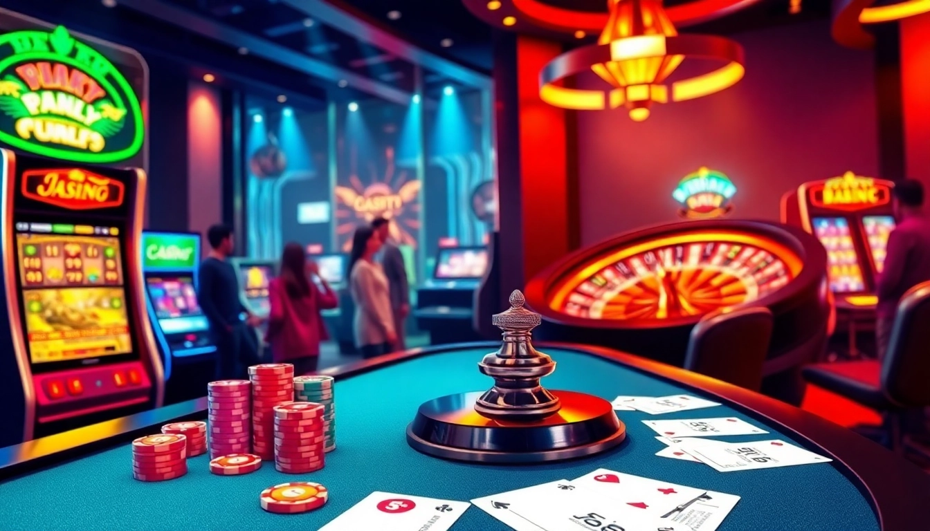 Experience the thrill of jeetbuzz লগইন as players enjoy a dynamic casino environment with poker chips and a roulette wheel.