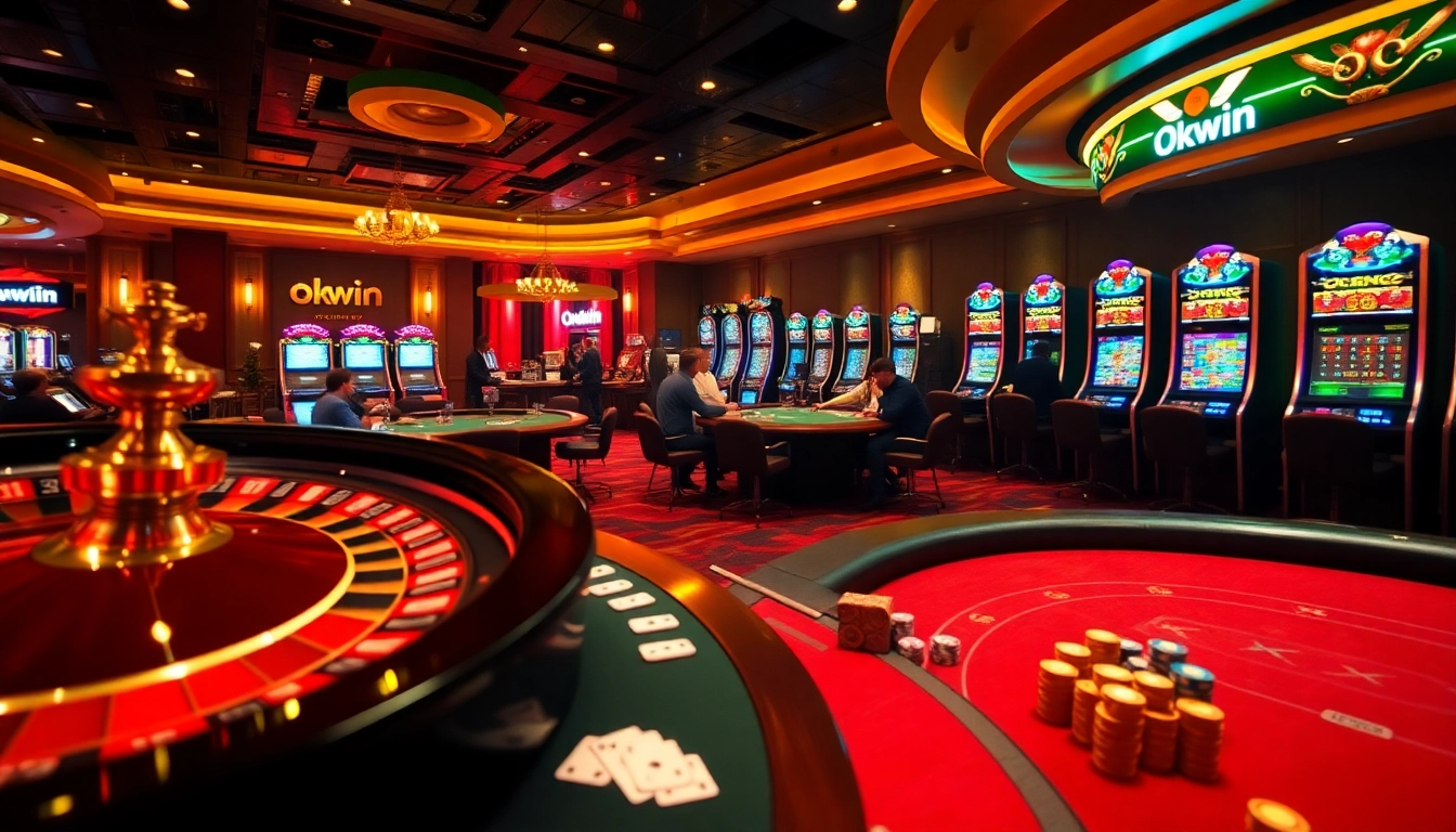 Players betting strategically at a luxury casino featuring Okwin-themed tables with vibrant slot machines.