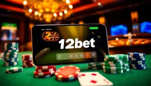 Experience the excitement of 12bet with vibrant online gambling visuals and casino elements.