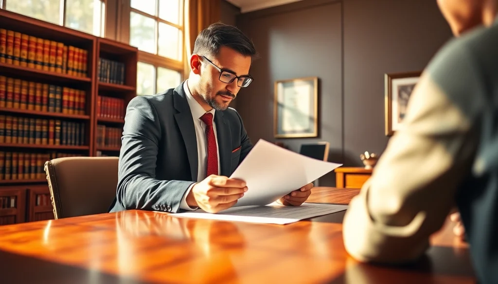 Engaged real estate lawyer consulting with a client in a professional office setting.