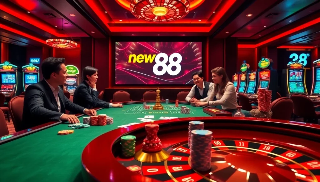 Exciting gambling scene showcasing new 88 casino tables with players engaged in poker.