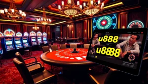 Poker players strategizing at a luxurious u8888 casino table amid colorful slot machines.