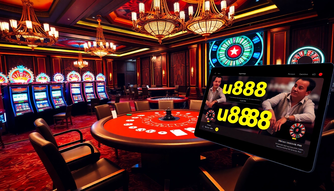 Poker players strategizing at a luxurious u8888 casino table amid colorful slot machines.