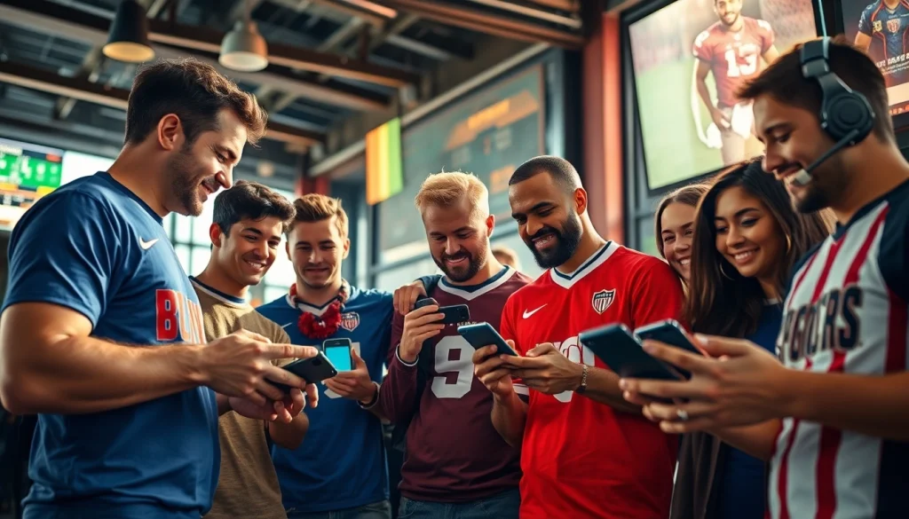 Engaged fans using sports betting apps Georgia in a lively sports bar scene, showcasing excitement and interaction.