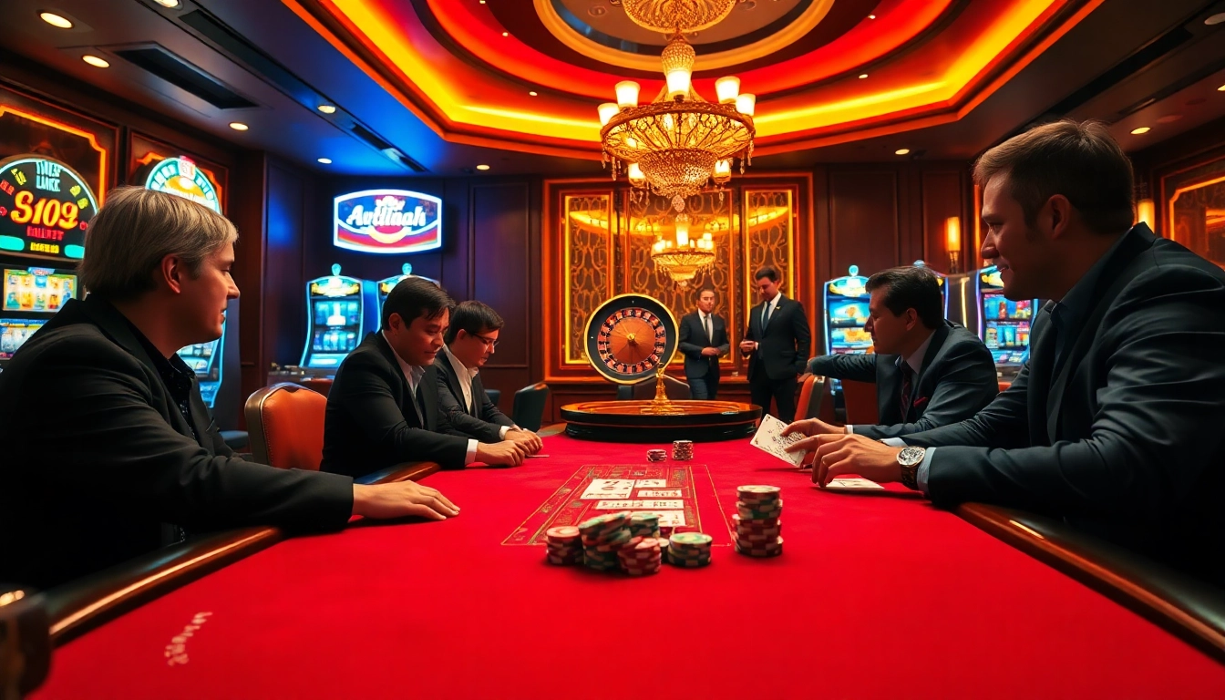 Engaging players at LC88 casino celebrating wins at a luxurious poker table.