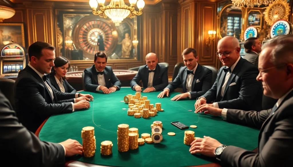 Experience the excitement of go8 gaming at a luxurious casino poker table with golden chips and vibrant players.