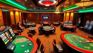 Online gambling excitement at GG88 with players at casino tables and vibrant slot machines
