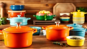Beautiful Le Creuset NZ cookware displayed in a vibrant kitchen setting.