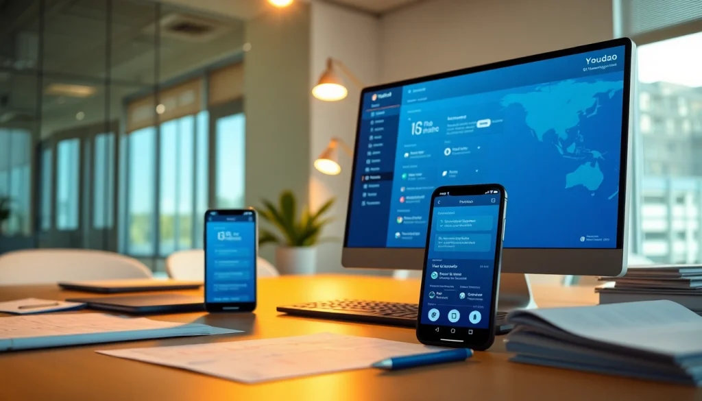 Youdao Translation download interface displayed on modern workspace setup with digital devices and multilingual documents.