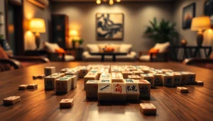 Permainan demo mahjong dengan ubin unik di meja kayu terlihat menarik dalam suasana yang hangat.