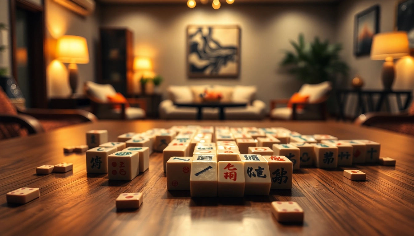 Permainan demo mahjong dengan ubin unik di meja kayu terlihat menarik dalam suasana yang hangat.