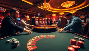 Players enjoying a game at F168 com, showcasing excitement and strategy at the casino table.