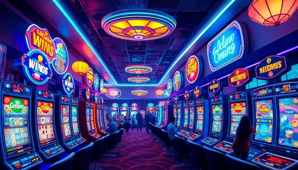 Exciting online gaming scene showcasing hoki138 pro with vibrant slots, neon lights, and engaged players.