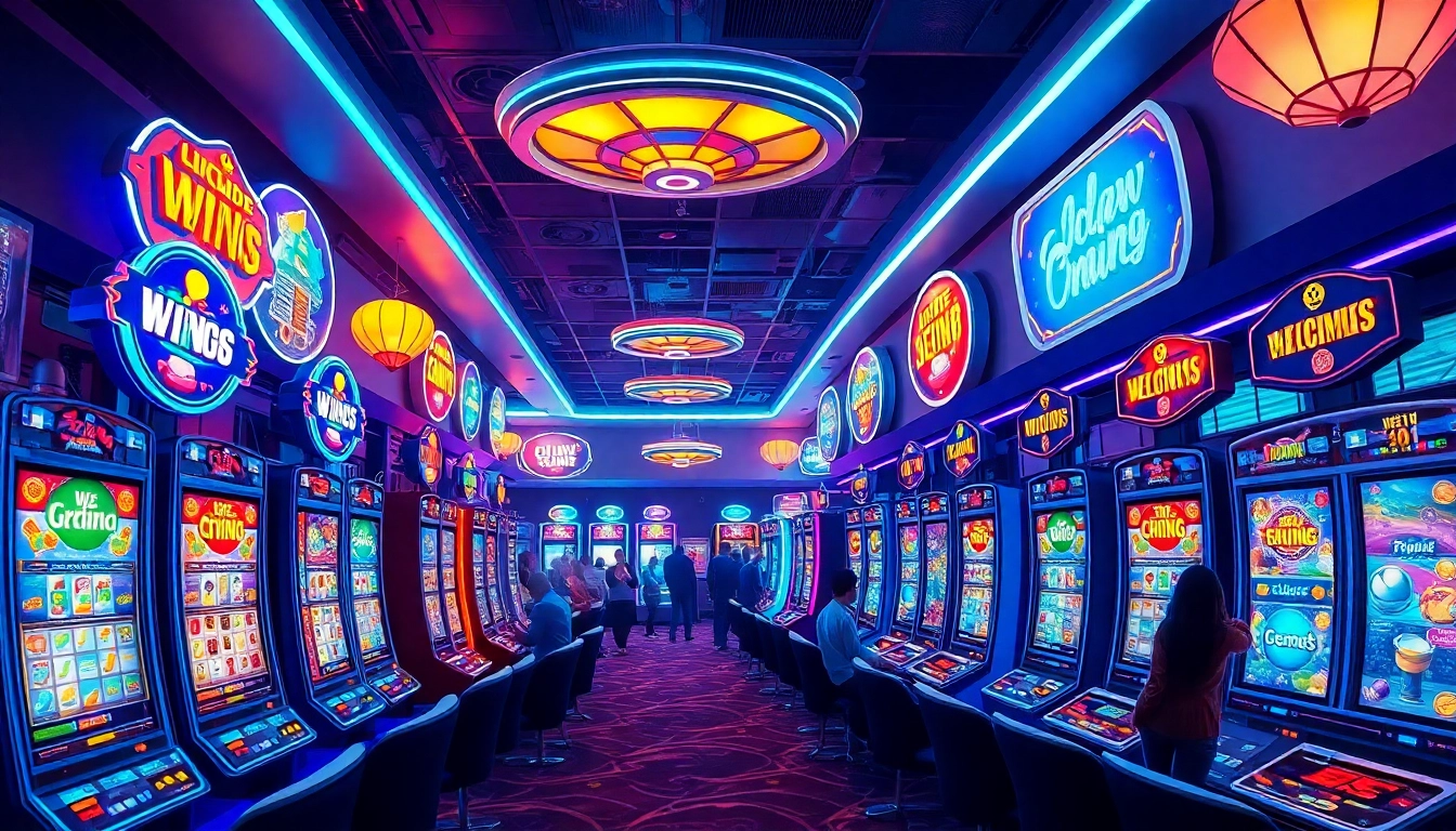 Exciting online gaming scene showcasing hoki138 pro with vibrant slots, neon lights, and engaged players.