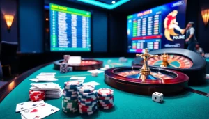 Exciting online casino setup showcasing Fun88 link with poker chips, cards, and a roulette wheel.