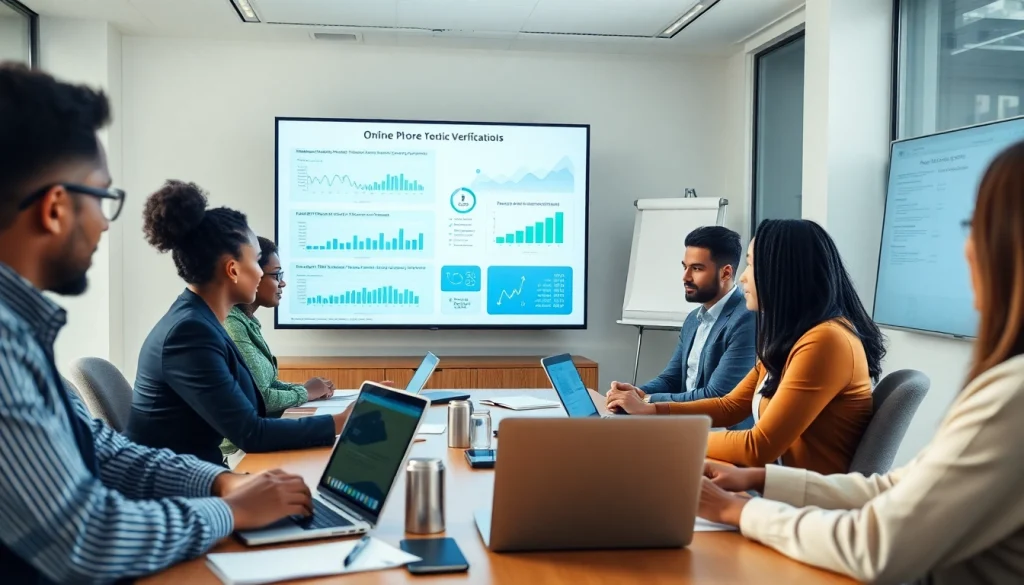 Online phone number verification discussion in a modern office, showcasing teamwork and technology.