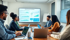 Online phone number verification discussion in a modern office, showcasing teamwork and technology.