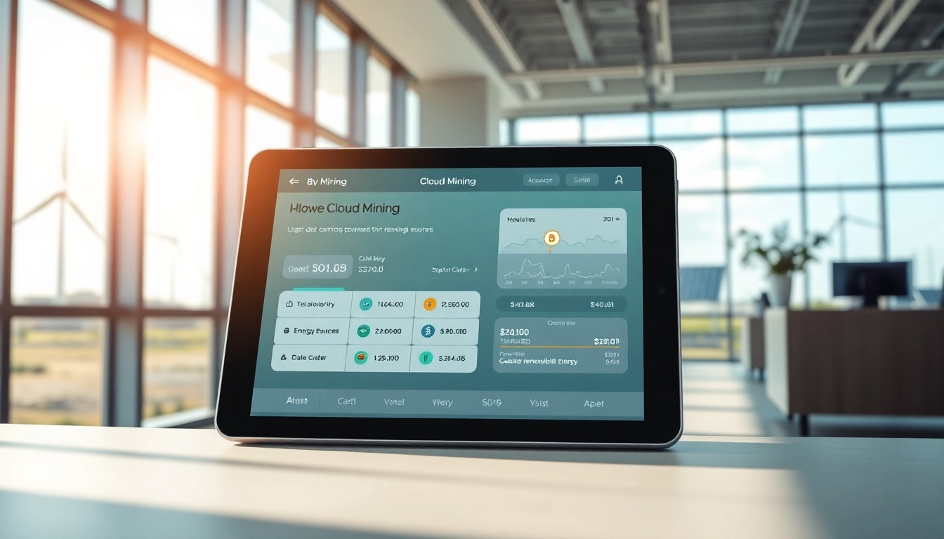 Cloud mining app interface showcasing real-time earnings and renewable energy sources.