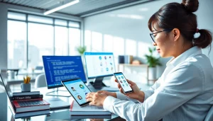 Engaging user interface of 有道翻译 showcased in a sleek modern office environment with digital translation tools.