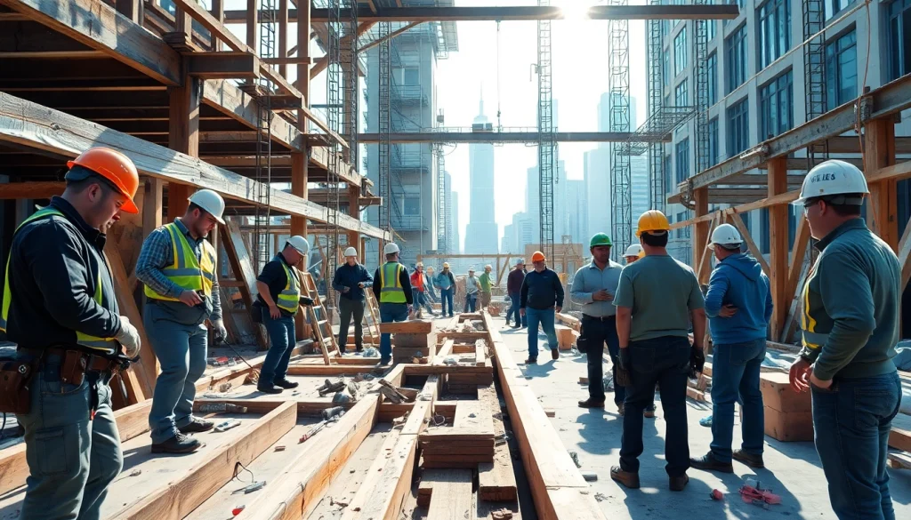 Engaging scene of a New York City General Contractor actively working on a construction site with skilled craftsmen.