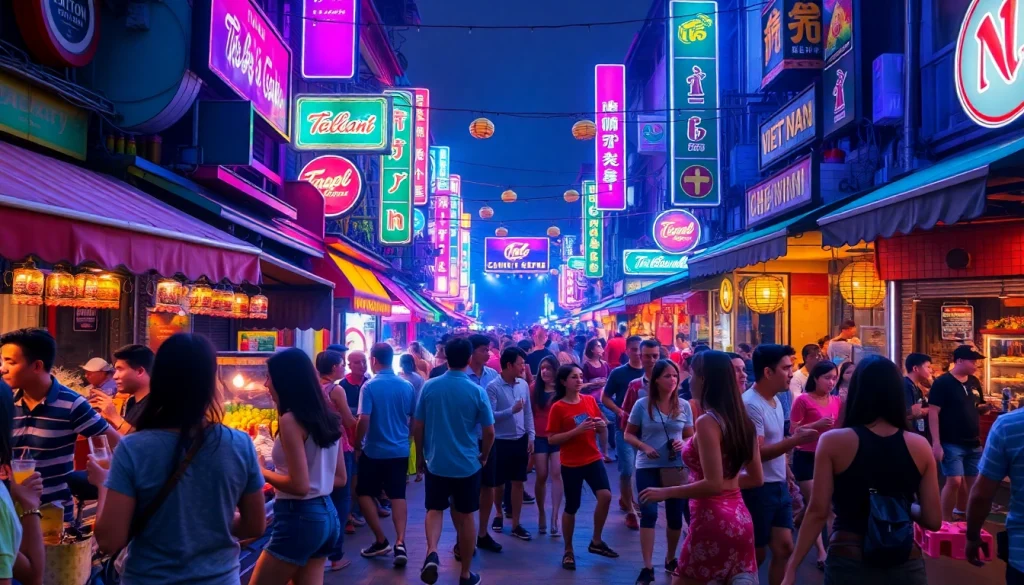 Explore 호치민밤문화 with a lively nighttime street scene filled with vibrant bars and joyful crowds.