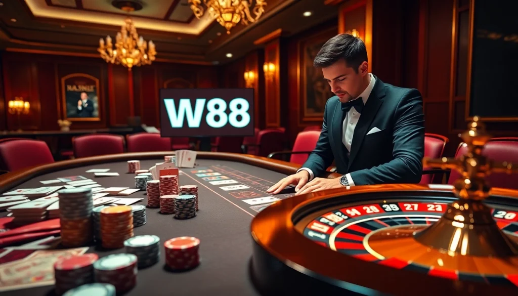 Experience the excitement of gambling with a luxurious casino ambiance, featuring the link to W88 prominently displayed.