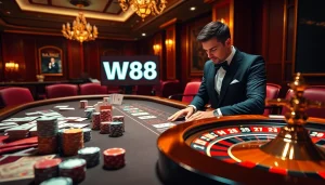 Experience the excitement of gambling with a luxurious casino ambiance, featuring the link to W88 prominently displayed.