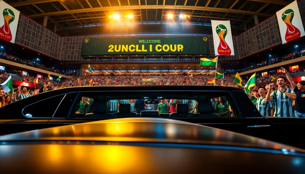 World Cup Group Transportation with luxury limousines at a festive stadium entrance.