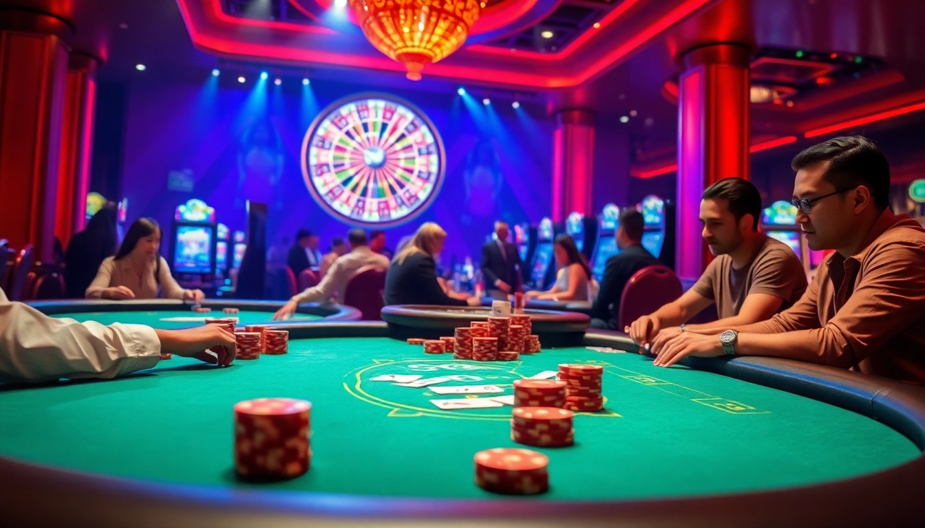 S8 casino thrills with poker chips, vibrant slot machines, and players in an exciting gaming environment.