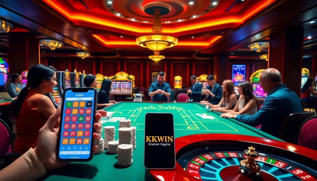 Players engaging in thrilling games at KKWIN casino, featuring vibrant gaming tables and exciting slot machines.