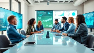 Team collaborating on competitive intelligence analysis with digital insights displayed