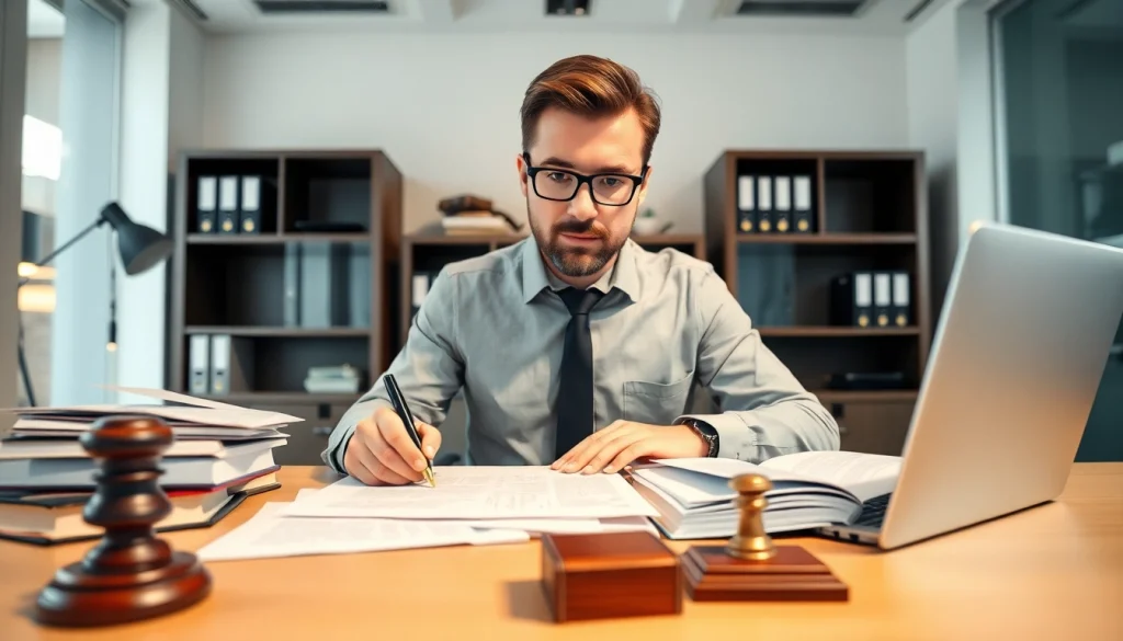 Tłumaczenie przysięgłe: Professional translator focused on legal document translation at a modern office.