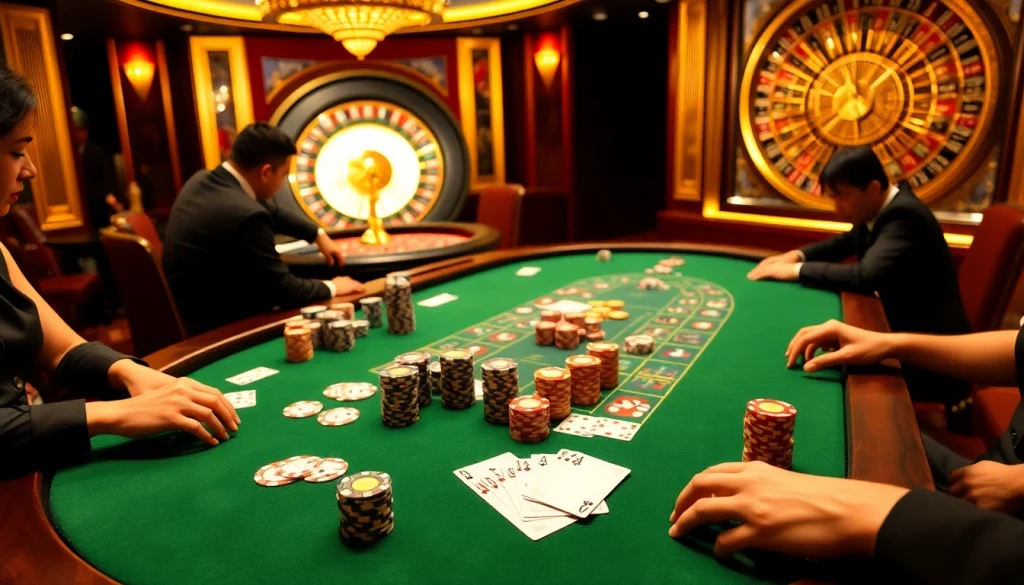 Engaged players strategizing at a luxurious poker table in a casino while "Nếu như vậy bám vào đây" echoes excitement.