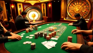 Engaged players strategizing at a luxurious poker table in a casino while "Nếu như vậy bám vào đây" echoes excitement.