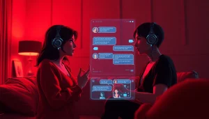 Engaging scene of a user interacting in an ai sex chat with a digital character, conveying intimacy and warmth.
