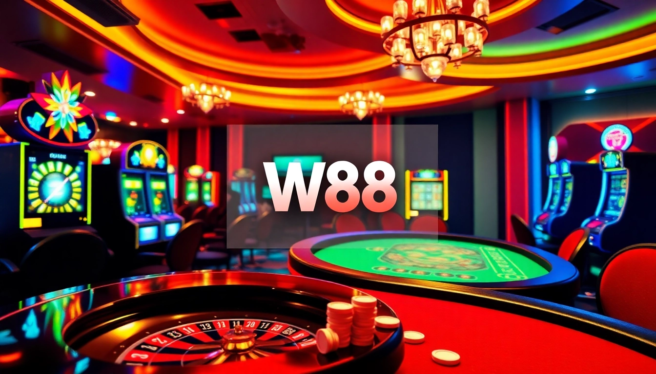Cảnh hấp dẫn hiển thị liên kết truy cập W88 trong môi trường casino trực tuyến sôi động.