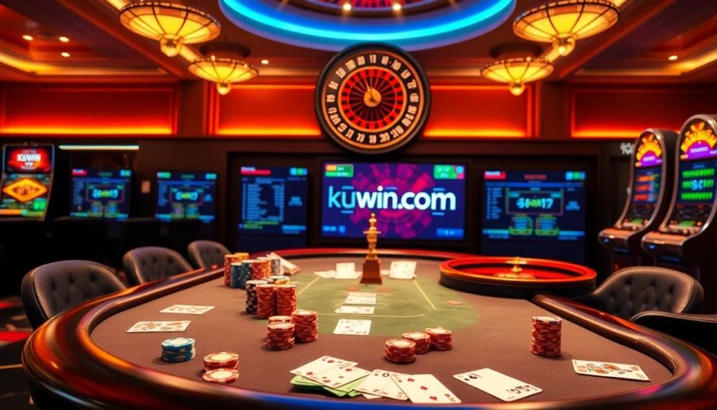 Kuwin com showcases a vibrant poker table with chips, cards, and slot machines for an exciting gambling experience.