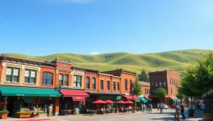 Clarksburg's vibrant downtown scene with historic buildings and lively outdoor activities.