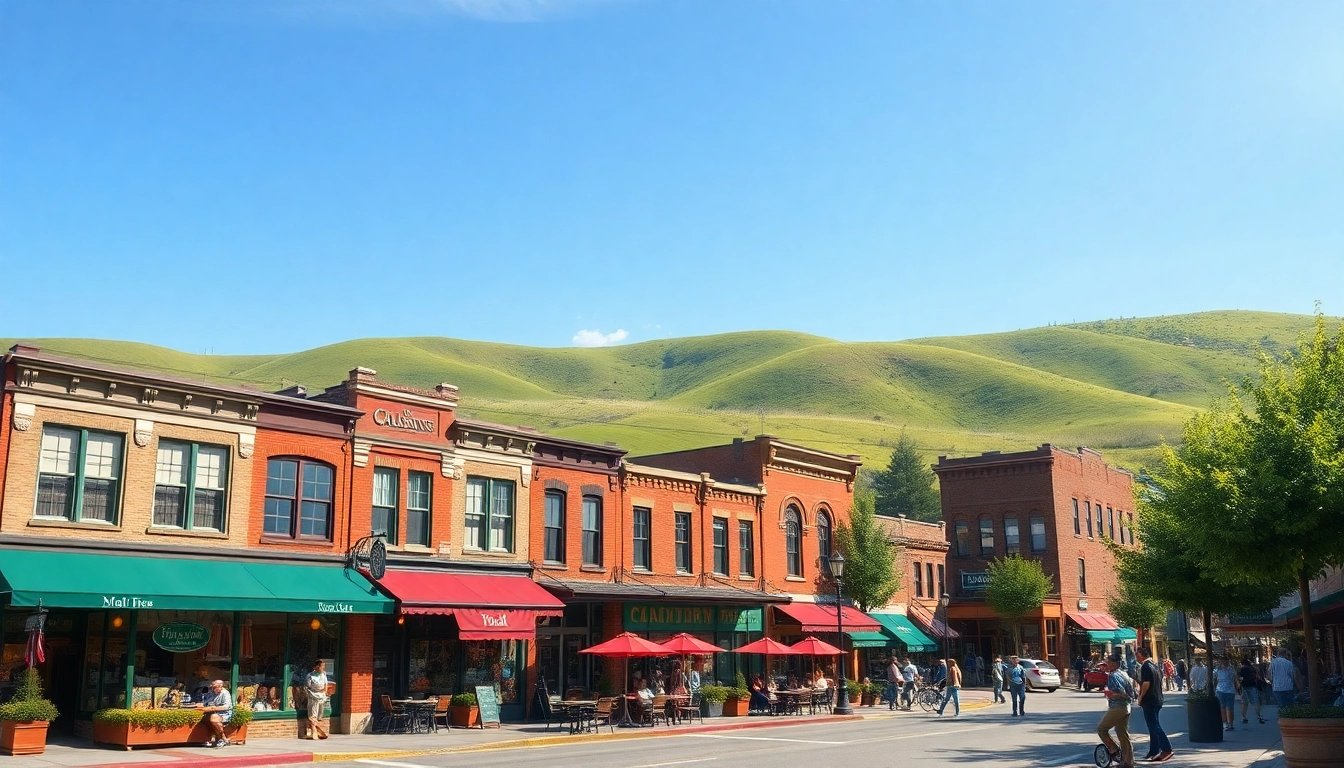 Clarksburg's vibrant downtown scene with historic buildings and lively outdoor activities.