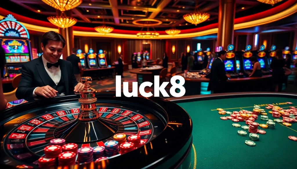 Experience the thrill of luck8 at a vibrant casino table with roulette and poker.