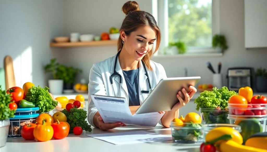 Dietitian discussing intermittent fasting plans with vibrant meal prep components.