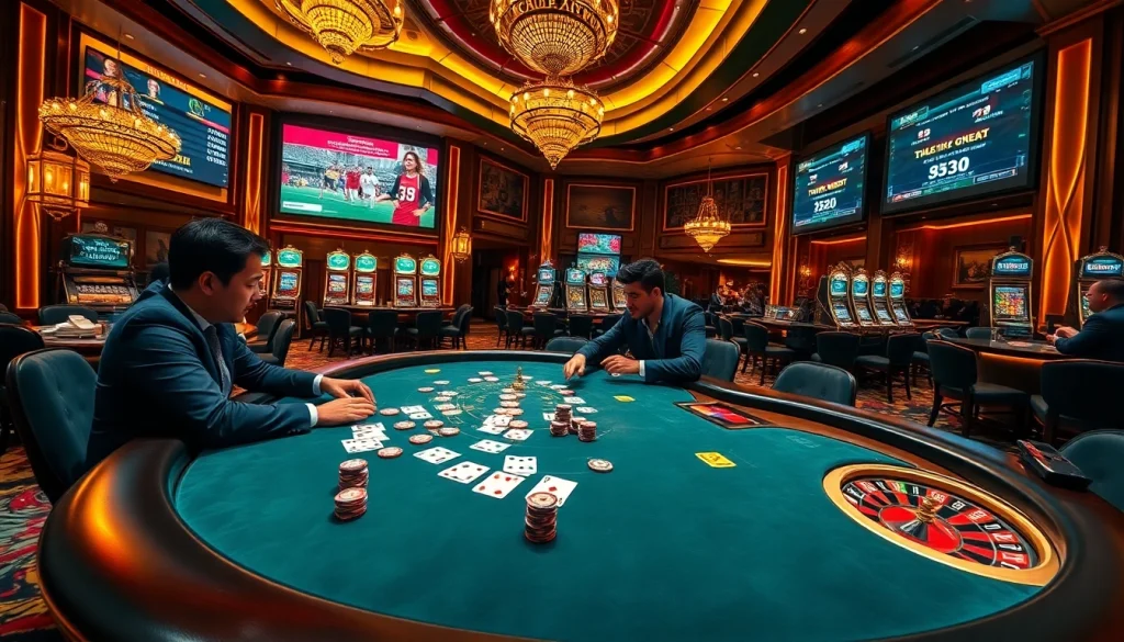 A dynamic gambling scene featuring an upscale poker table with players showcasing strategies at 32ưin, enhanced by roulette wheels and vibrant chips.